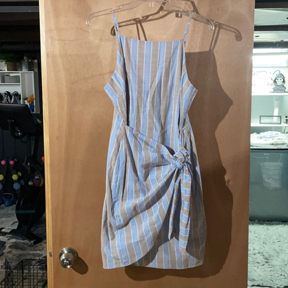 Altar'd State Blue and White Striped Midi Dress with Knot Detail